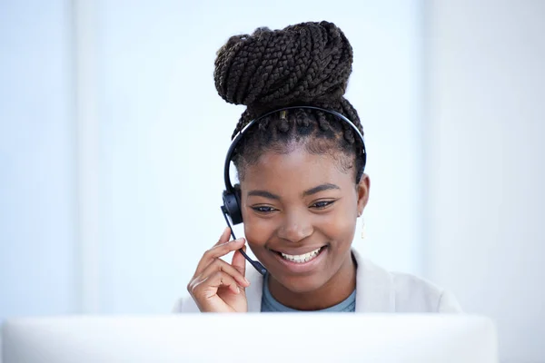 Call center, computer and black woman smile for telemarketing, customer service or support. Contact us, crm and African female sales agent, consultant or employee consulting in business office online.