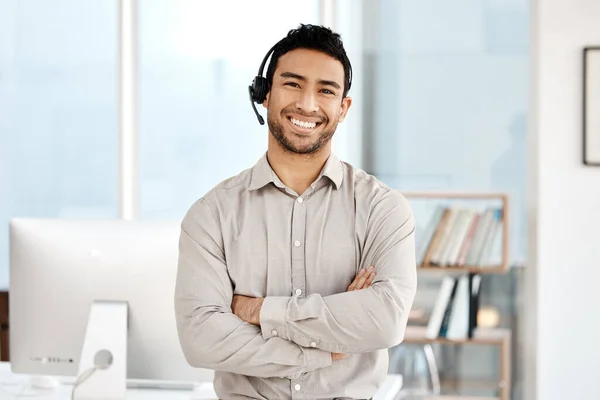Happy Asian Man Call Center Portrait Headphones Customer Service Telemarketing — Stock Photo, Image