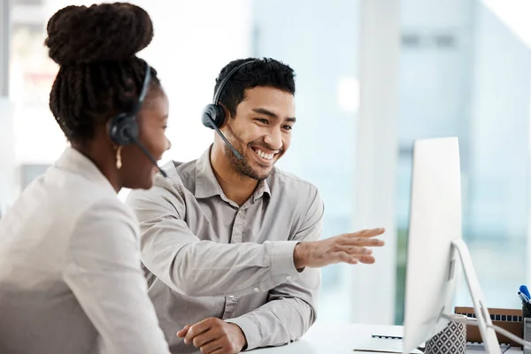 Call center, training and computer with business people in office for coaching, customer service and communication. Help desk, contact us and mentor with man and black woman for sales and teamwork.