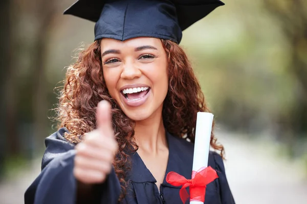Thank You Portrait Female Student Thumbs Graduation Day College Campus — Stock Photo, Image