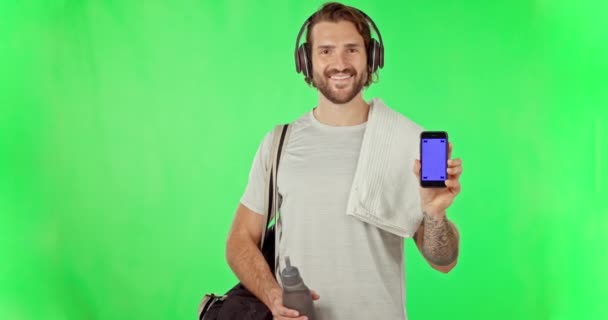 Fitness Mockup Tela Verde Com Homem Telefone Para Música Streaming — Vídeo de Stock