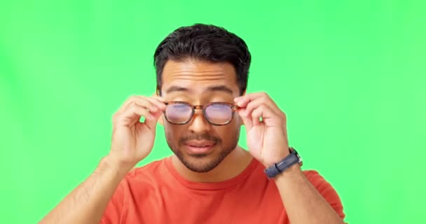Gesicht Brille Und Vision Mit Einem Mann Auf Grünem Bildschirmhintergrund — Stockvideo