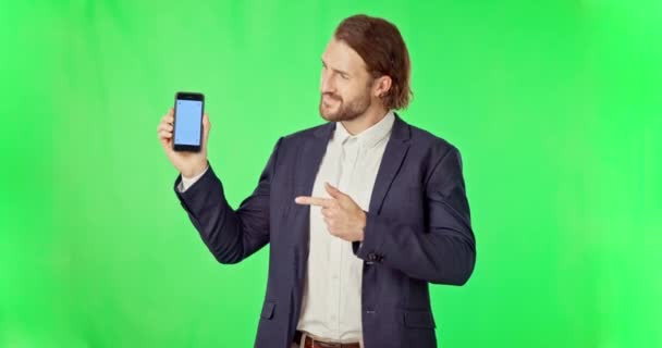 Επιχειρηματίας Τηλέφωνο Και Mockup Στην Πράσινη Οθόνη Δείκτες Εντοπισμού Φόντο — Αρχείο Βίντεο