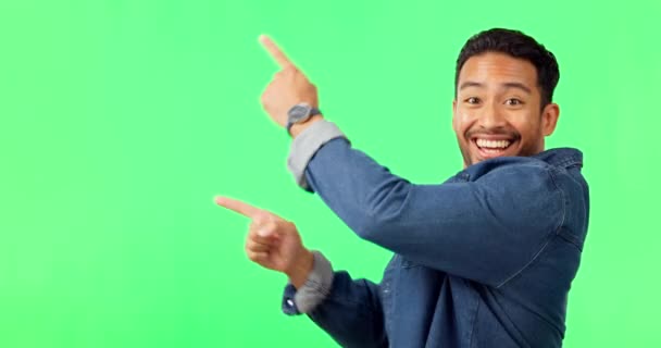 Asian Man Pointing Dancing Green Screen Product Placement Advertisement Studio — Stock Video