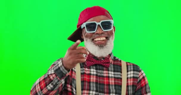 Fashion Happy Man Studio Green Screen Point Hand Gesture Positive — Stock Video