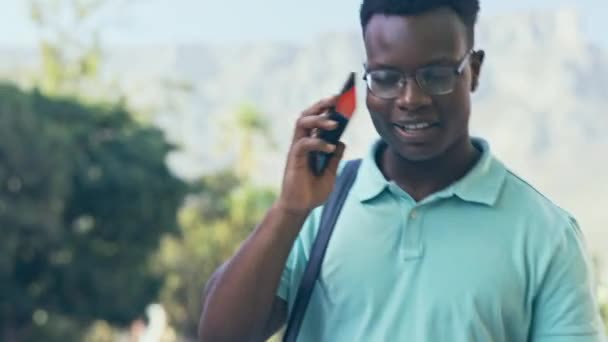 交渉を議論しながらこんにちは 黒人男性と電話市内を歩くと 話して幸せを呼び出します 通勤中のスマートフォン アフリカのビジネスマンネットワーク 幸せと肯定的な屋外 — ストック動画