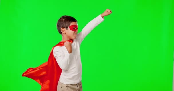 Vliegen Superheld Spelen Met Kind Groen Scherm Mockup Voor Halloween — Stockvideo