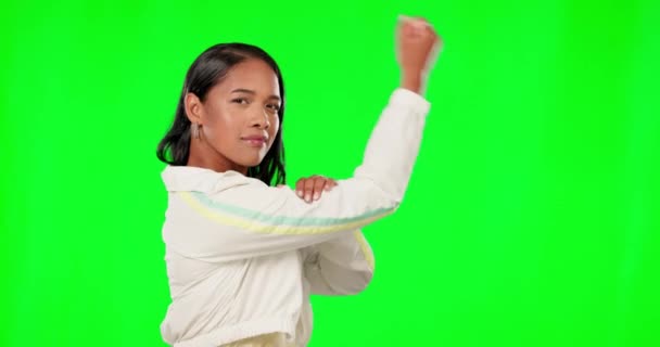 Власть Зеленый Экран Гибкая Рука Женщины Женской Силой Мотивацией Макетным — стоковое видео