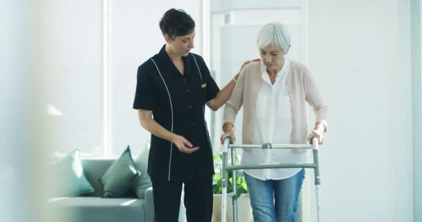 Homecare Krankenschwester Und Seniorin Gehgestell Bei Der Häuslichen Betreuung Gesundheitsdienst — Stockvideo