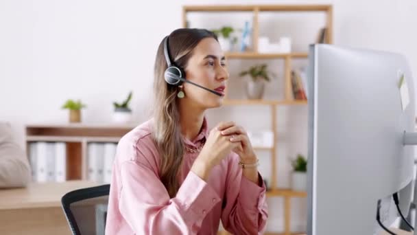 Tired Business Woman Call Center Headache Stress Burnout Talking Difficult — Stock Video