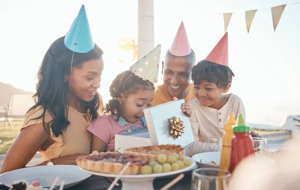Birthday Surprise Family Outdoors Party Celebration Present Happy Excited Parents — Stock Photo, Image