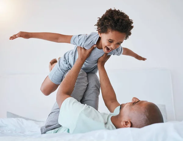Airplane Playful Father Son Bedroom Morning Wake Weekend Happy Excited — Stock Photo, Image