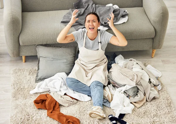 Frustrated Woman Cleaning Dirty Laundry Living Room Pile Messy Clothes — Stock Photo, Image