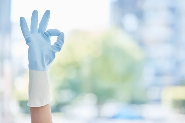 管家和手套 上面有清洁 卫生或持家的标志 手或清洁剂与确定的符号 手势和橡胶手套精确 完美或无细菌的房子 — 图库照片