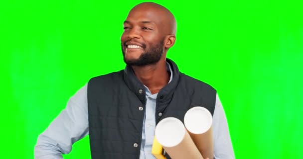 黑人男子 建筑师和大拇指向上微笑的绿色屏幕 蓝图和建设与确定的工作室背景 与快乐的男性订约人的模拟 建筑和肖像画及协议 — 图库视频影像