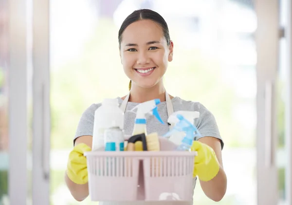 박테리아 제거하기 위하여 제품을 사용하여 바구니 청소를 여자가 봉사를 거실에서 — 스톡 사진