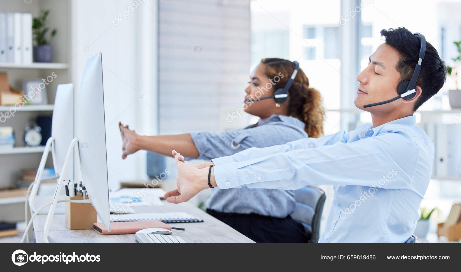 Call Center Tired Team Stretching Desk Computer Headset Telemarketing  Diversity Stock Photo by ©PeopleImages.com 659819486