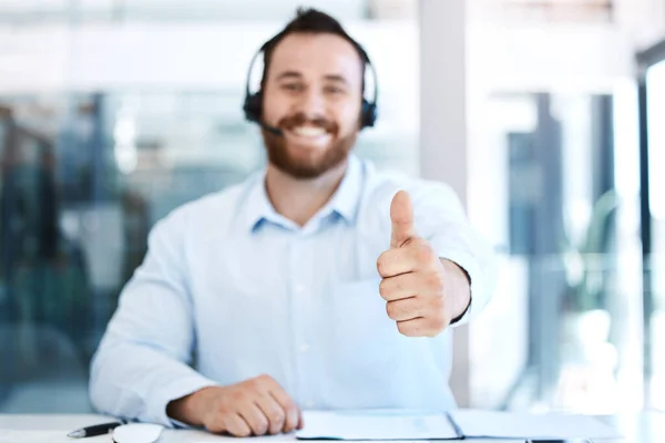 Happy Man Call Center Hand Thumbs Success Winning Approval Office — Stock Photo, Image