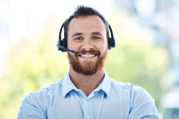 Happy Man Call Center Portrait Smile Customer Service Support Telemarketing — Stock Photo, Image
