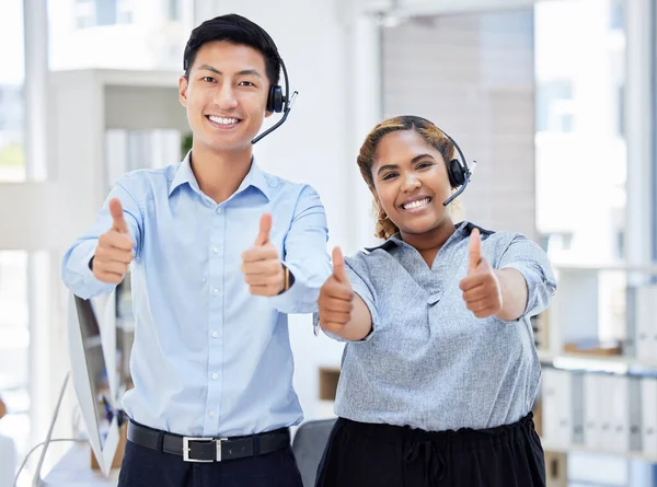 Call Center Portrait People Thumbs Team Success Support Customer Service — Stock Photo, Image