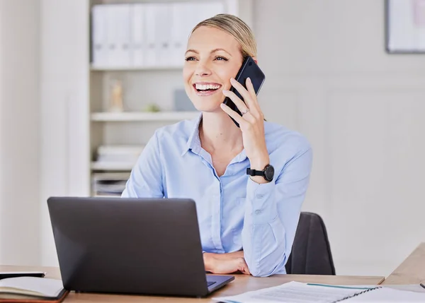 Happy business woman, phone call and office at desk with motivation, sales and smile in finance agency. Financial expert, networking and happy for contact, client or lead for loan offer at startup.
