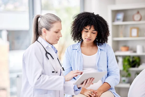 Hamile Kadın Doktor Tablet Sağlık Sonuçları Jinekoloji Ciddi Haberler Muayene — Stok fotoğraf