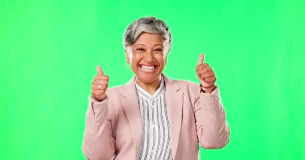 Happy Woman Portrait Dancing Thumbs Green Screen Success Studio Background — Stock video