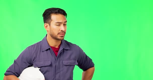 Pantalla Verde Ingeniero Hombre Asiático Sacudir Cabeza Para Decepcionado Gesto — Vídeos de Stock