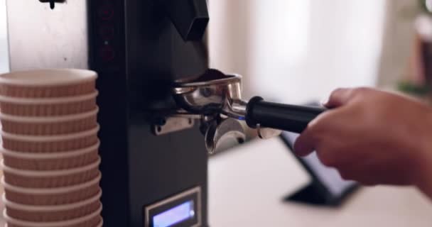 Hands Barista Coffee Machine Employee Working Kitchen Counter Cafe Service — Stock Video