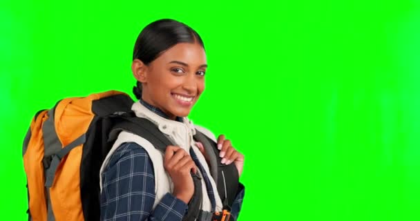 Mochila Pantalla Verde Cara Mujer Con Sonrisa Estudio Con Felicidad — Vídeos de Stock