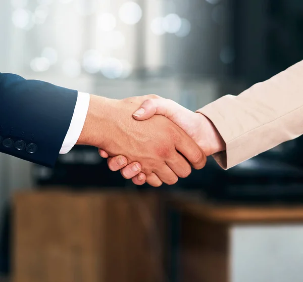 stock image Handshake, agreement and business people with deal, partnership or collaboration. Shaking hands, cooperation and employees with opportunity, acquisition or b2b negotiation, congratulations and mockup.