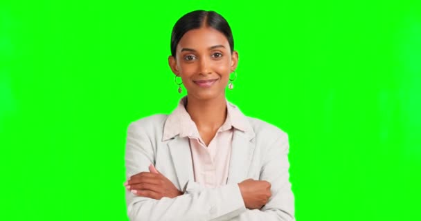 Business Woman Face Arms Crossed Green Screen Company Profile Picture — Stock Video