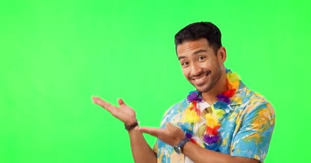 グリーンスクリーン ハワイ プレゼンテーション 休日や熱帯のプロモーション マーケティングやモックアップのための人の顔 幸せなカジュアルアジア人オン休暇ショー割引モックアップ孤立した上のスタジオ背景 — ストック動画