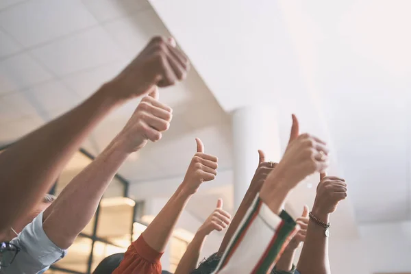 stock image You are either supporting the vision or supporting division. a team of a group of unrecognizable colleagues giving the thumbs up