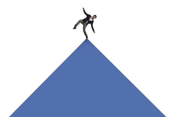 Слишком Расслабляйся Наверху Бизнесмен Балансирует Вершине Треугольника Белом Фоне — стоковое фото