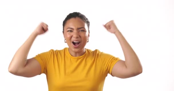 Mulher Cara Punho Bomba Saúde Aplausos Para Sucesso Felicidade Animado — Vídeo de Stock