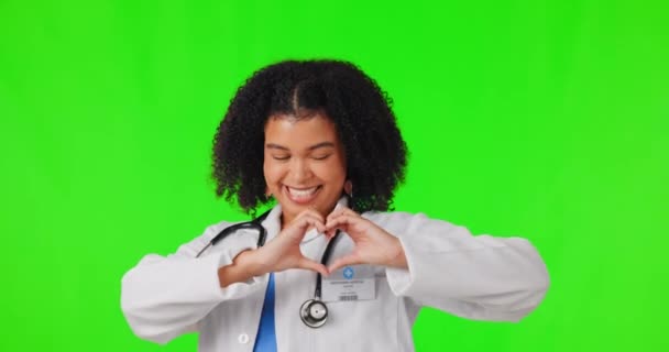 Heart Sign Hands Woman Doctor Green Screen Hospital Wellness Smile — Stock Video