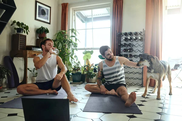 Nothing warms a home like love and good health. two men playing with their dog after doing a yoga workout at home