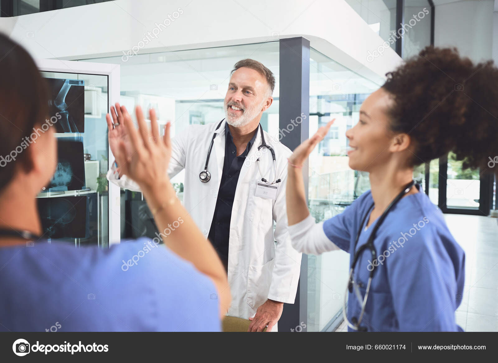 Making Difference Together Team Doctors Giving Each Other High Five