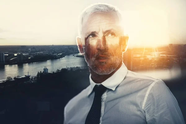 Contemplating How Conquer City Handsome Mature Businessman Superimposed Cityscape — Stock Photo, Image