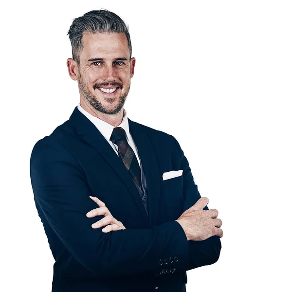 Stay positive, stay professional. Studio portrait of a confident businessman posing against a white background
