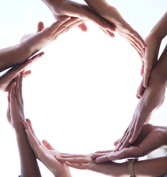 Ομαδική Εργασία Χέρια Και Άνθρωποι Σχήμα Κύκλου Για Συνεργασία Υποστήριξη — Φωτογραφία Αρχείου