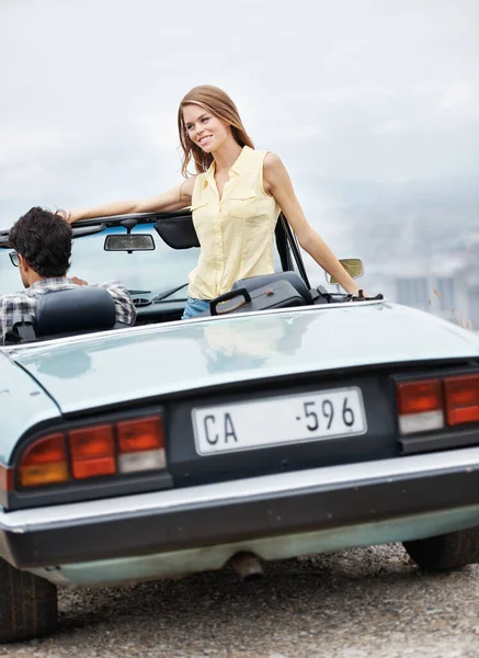 Enjoying Great View Attractive Young Couple Convertible While Roadtrip — Stock Photo, Image