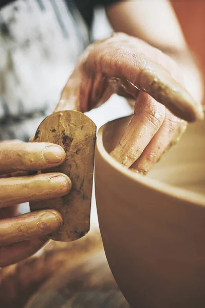 Keep Creativity Coming Unrecognisable Man Working Clay Pottery Studio — Stock Photo, Image