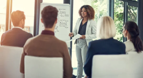 stock image Taking her team through their plans step by step. a businesswoman giving a presentation to her colleagues in the boardroom