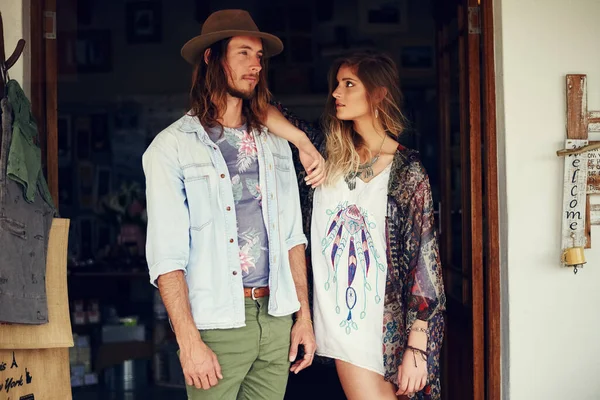 stock image Your vibe attracts your tribe. an affectionate young couple posing together outside a roadside shop