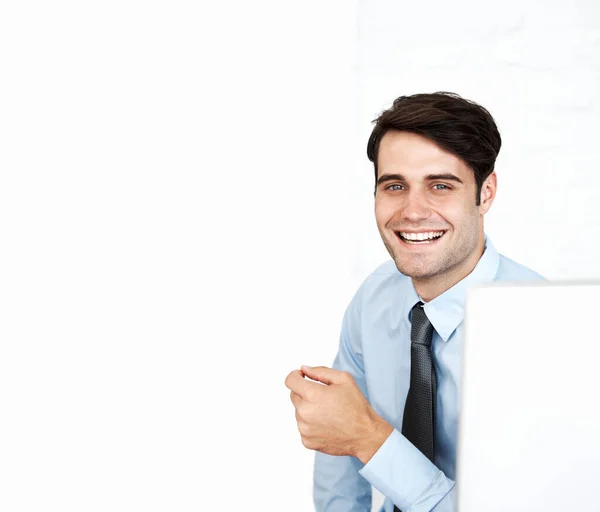 Endorsing Copyspace Smile Smiling Young Office Worker Sitting White Background — Stock Photo, Image