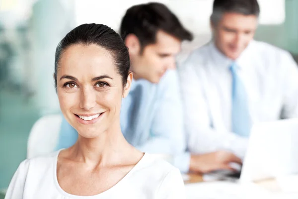 Confidence Her Role Team Smiling Young Businesswoman Sitting Group Meeting Stock Photo