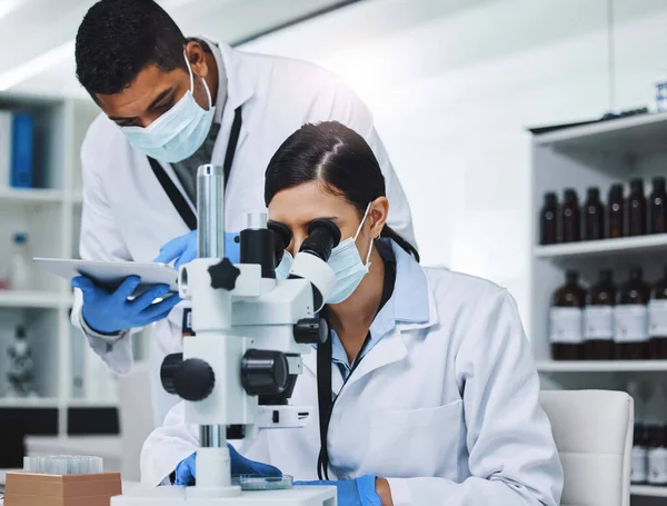 Nauka Tabletka Mężczyzna Kobieta Mikroskopem Badań Analiz Medycznych Raportu Laboratorium — Zdjęcie stockowe