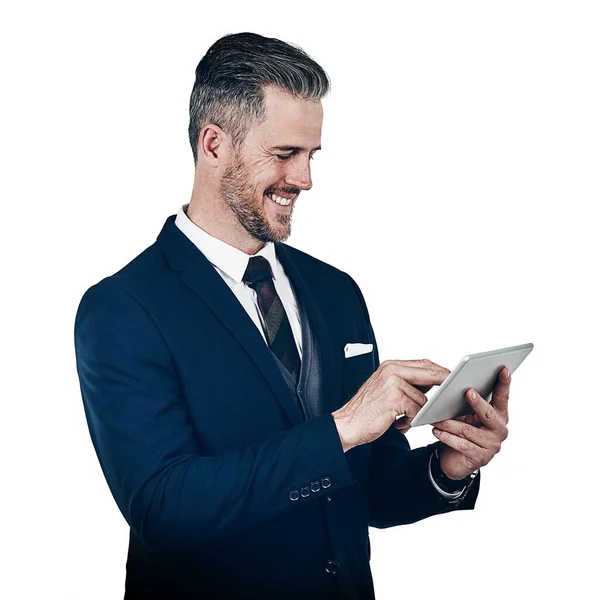 stock image The informed entrepreneur is a successful entrepreneur. Studio shot of a businessman using a digital tablet against a white background